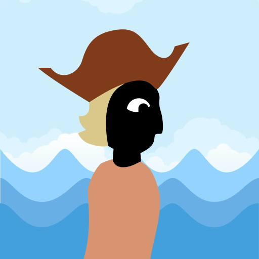 skippity rock app icon featuring a pirate with blue waves behind him.